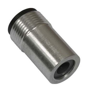 Metal threaded cylindrical nozzle adapter with a black ring on a white background