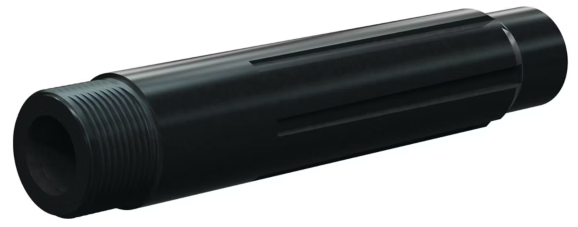 Black cylindrical threaded pipe connector on a white background