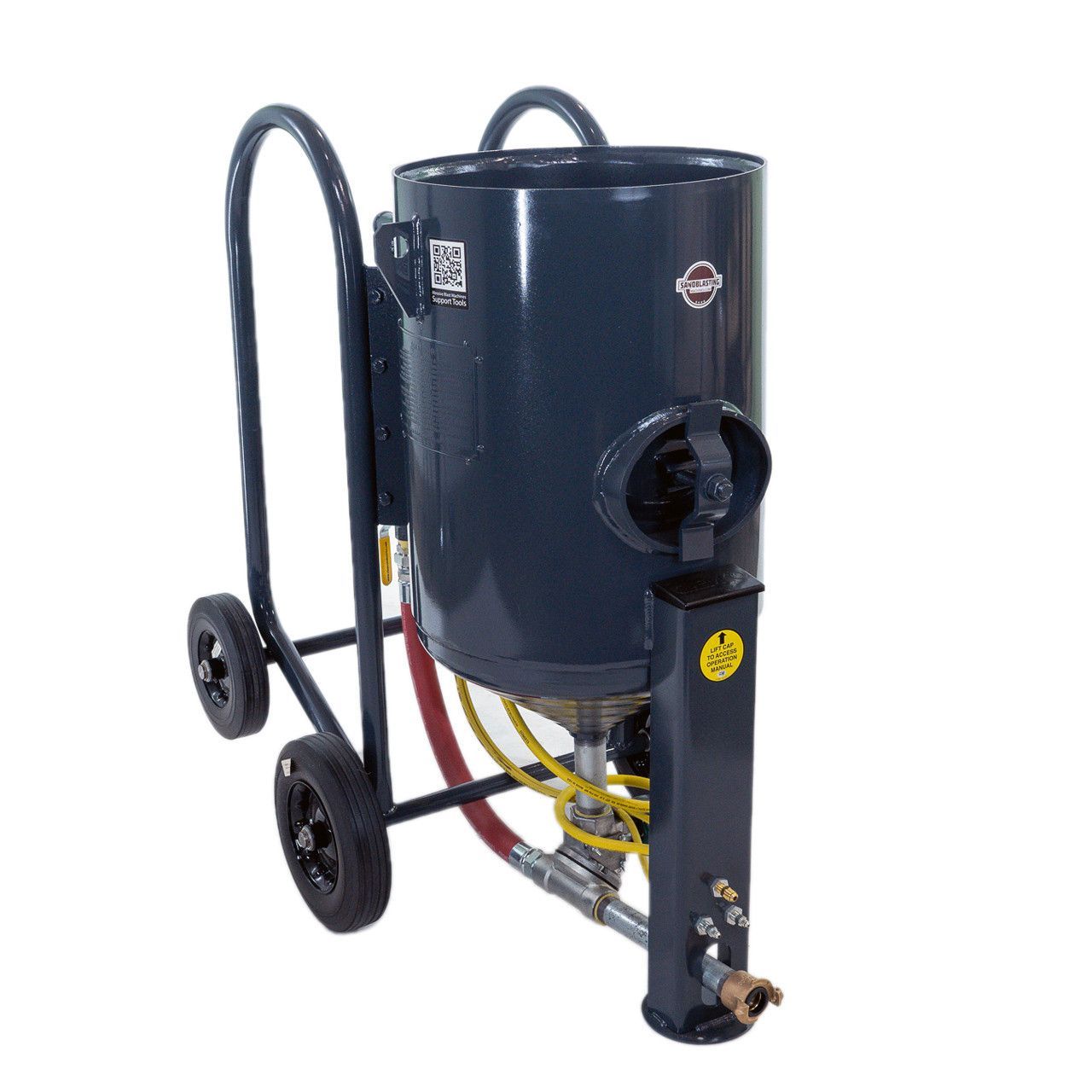 Black industrial vacuum on a wheeled cart with hoses and attachments