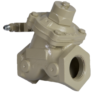 Beige metal pressure regulator valve with threaded ports, isolated on white background