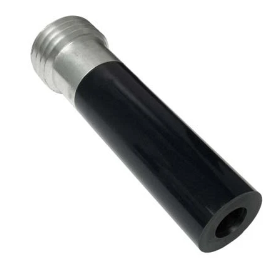 Black cylindrical flashlight with a silver threaded cap and hollow end