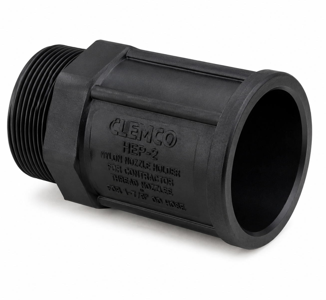 Black plastic threaded pipe adapter fitting on white background