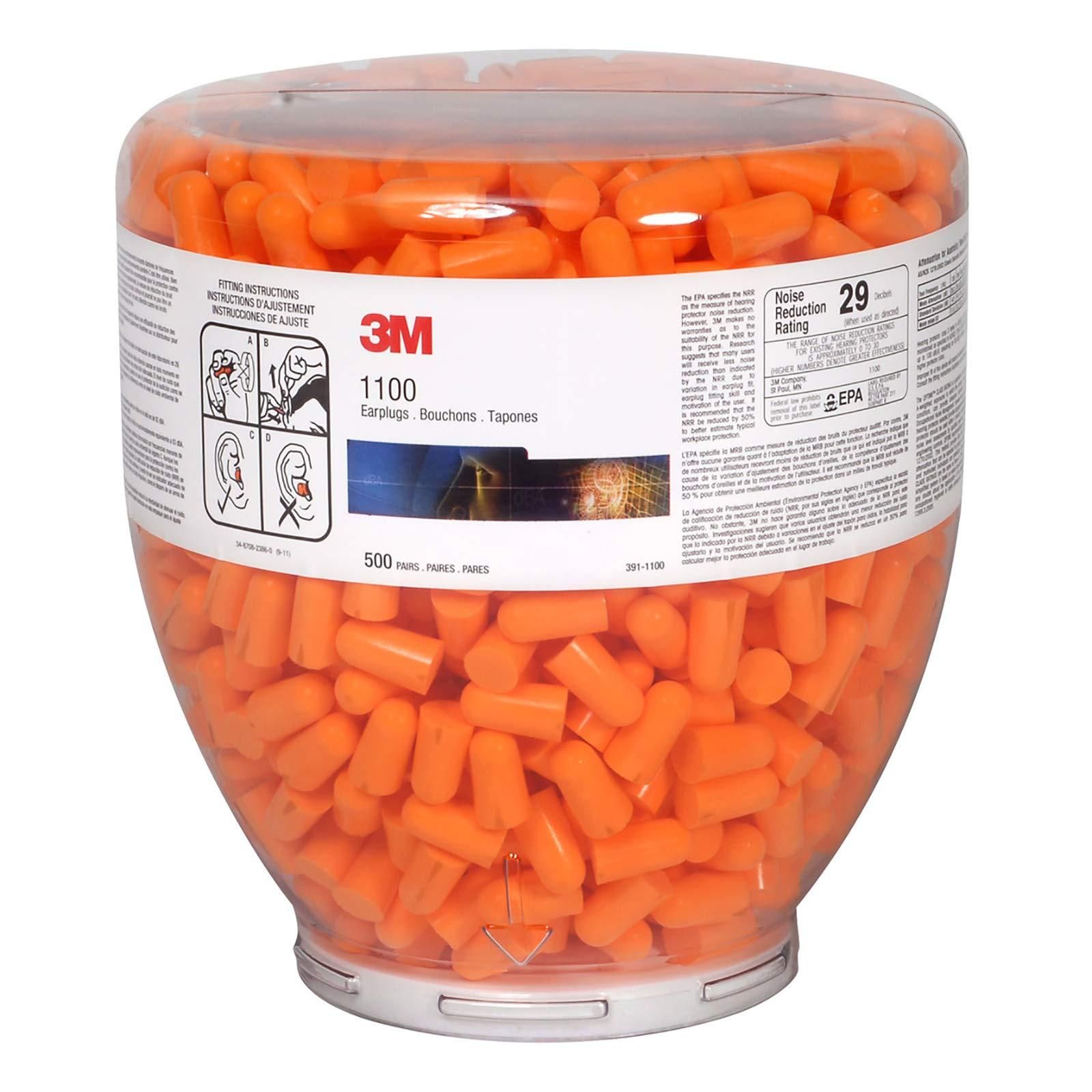 Large clear jar filled with orange 3M earplugs on a white background