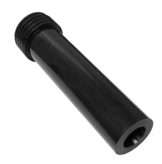 Black threaded plastic tube connector with a hollow end on a white background
