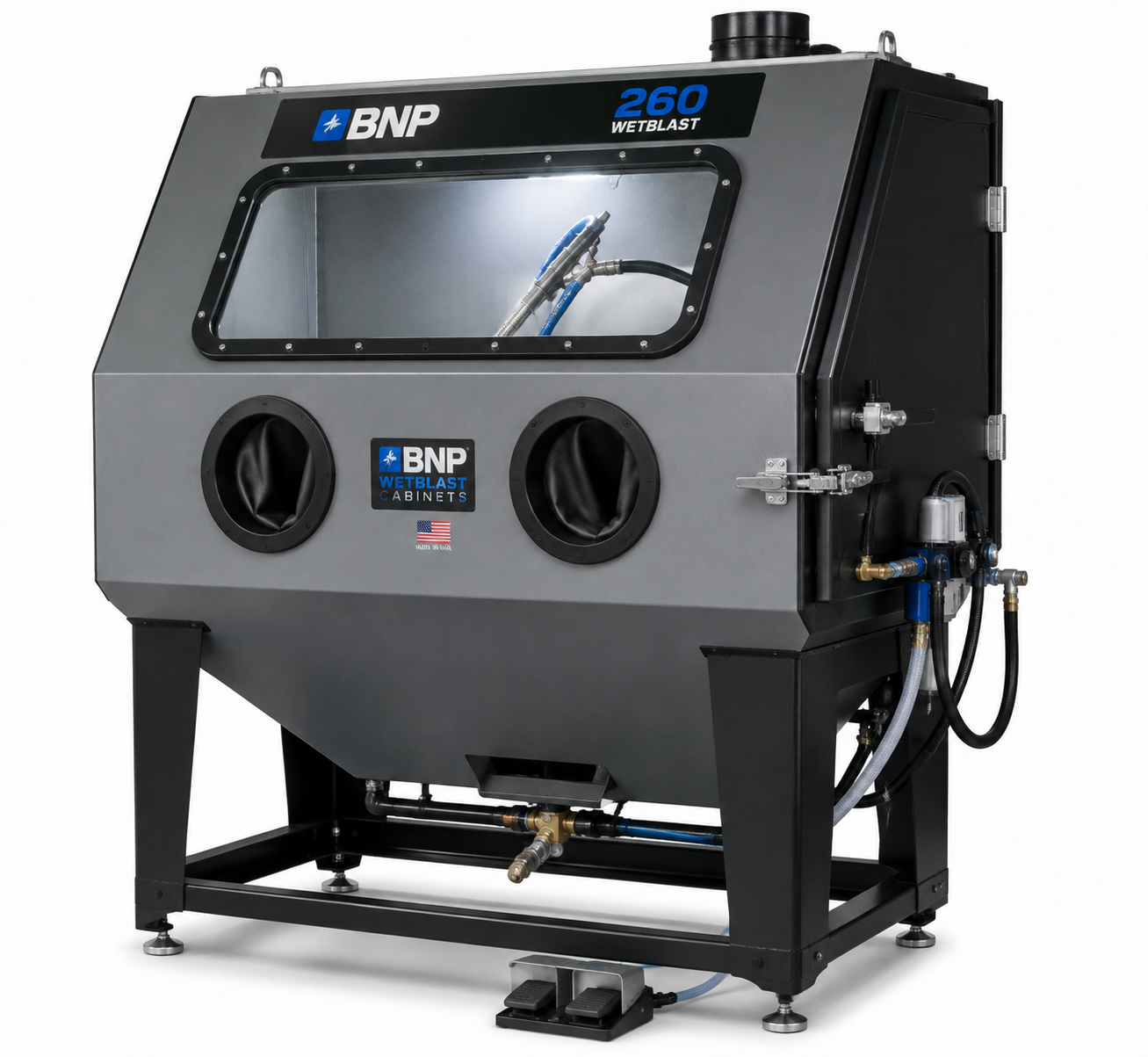 Black and gray BNP 360 blast cabinet with viewing window and gloves for abrasive cleaning