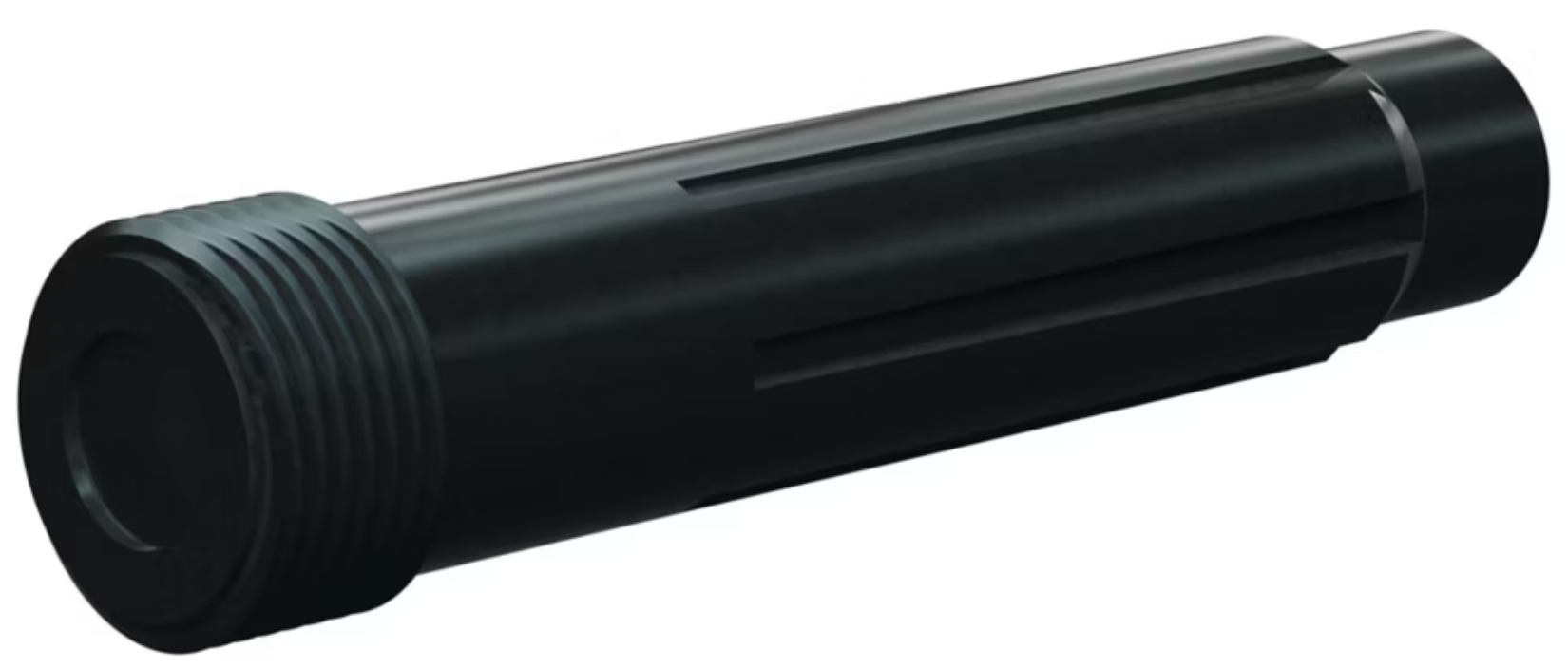 Black threaded cylindrical plastic tube with a hollow end