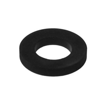 Black rubber sealing washer with a center hole on a white background