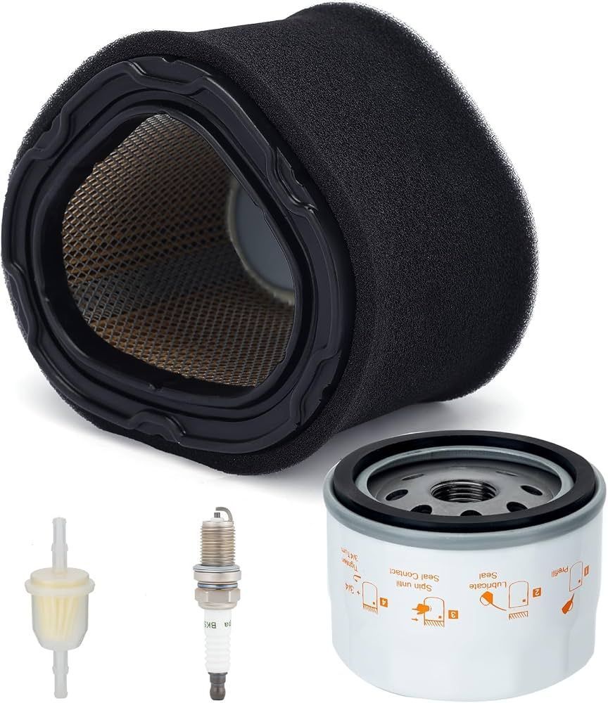 Black foam air filter with replacement fuel filter, spark plug, and oil filter on white background