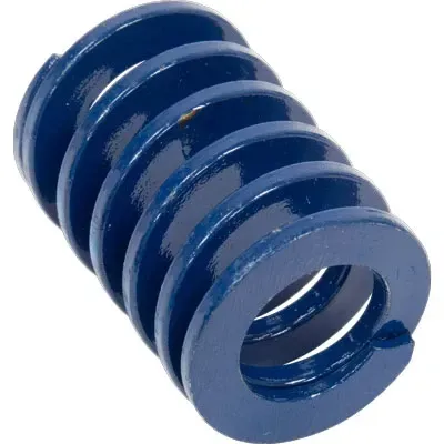 Blue coiled metal compression spring with wide ends on a white background