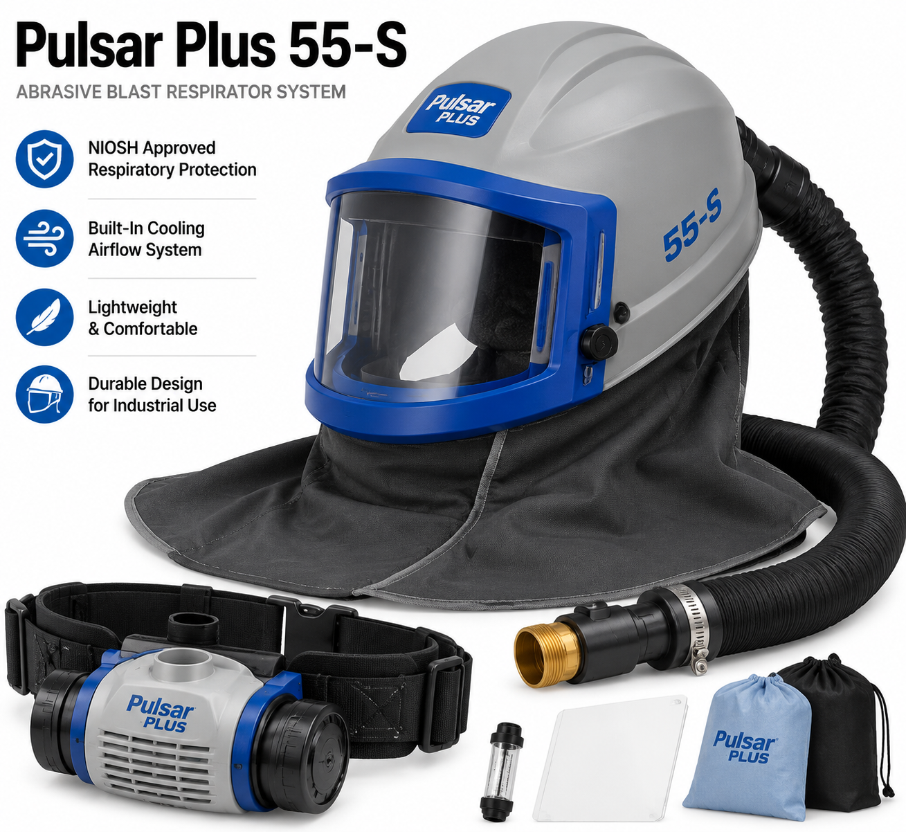 Pulsar Plus 55-S gray powered air-purifying respirator with blue face shield, hose, belt, and accessories