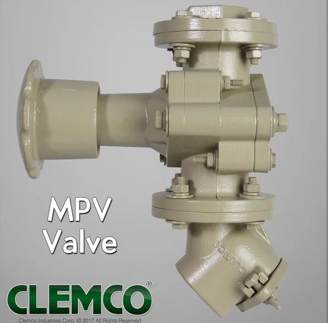 Beige CLEMCO MPV valve with flanged ends on a gray background