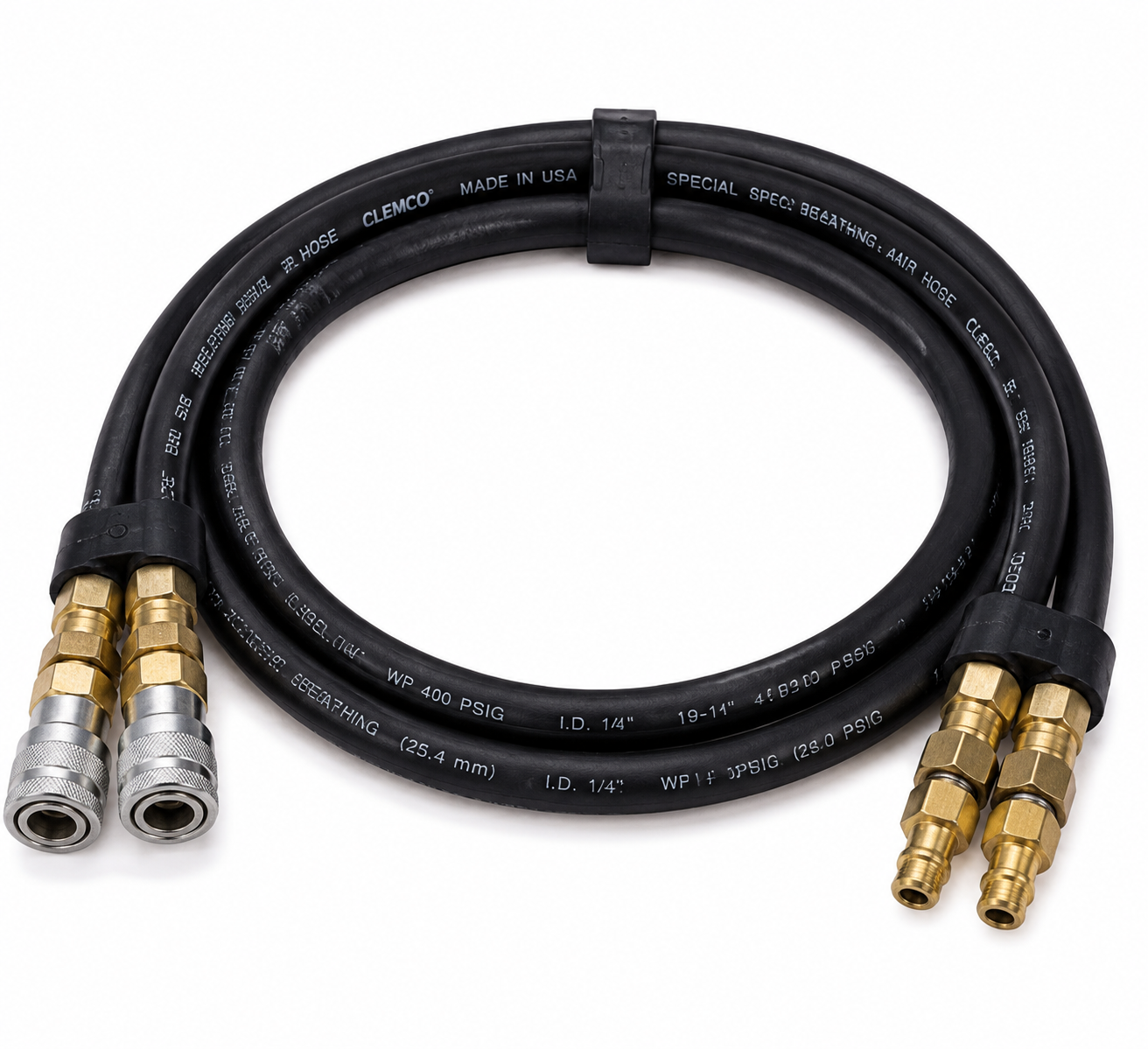 Black coiled cable with silver and brass quick-connect fittings on both ends