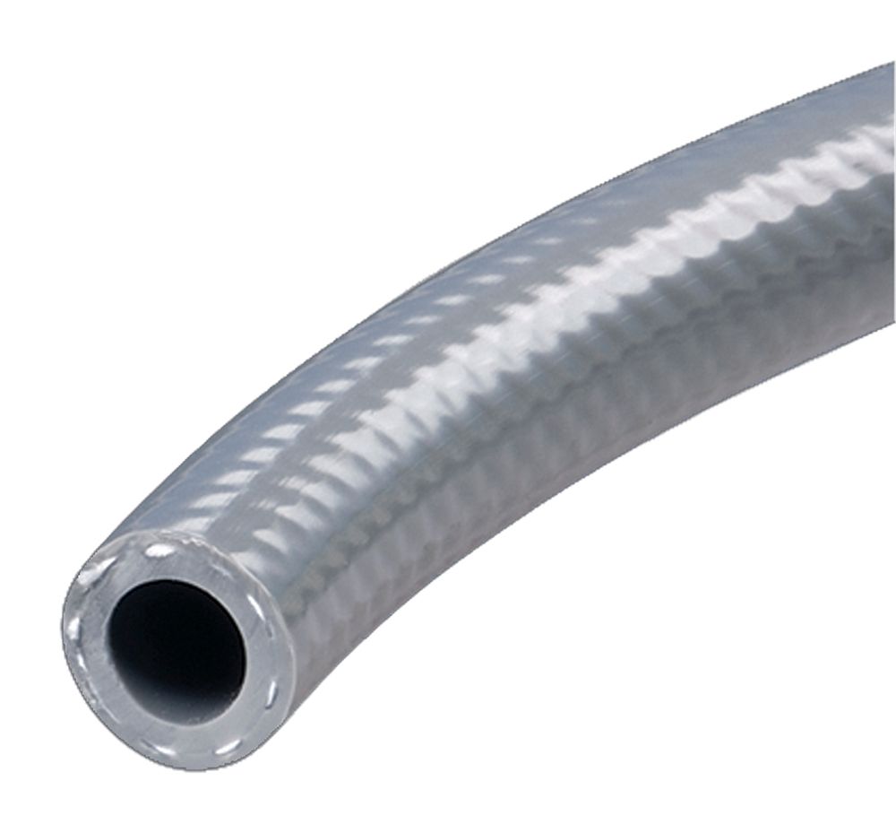 Clear flexible plastic tubing coiled against a white background