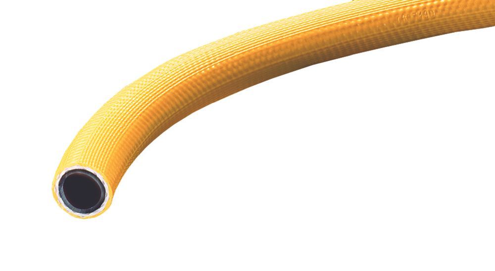Yellow flexible hose with a dark open end on a white background