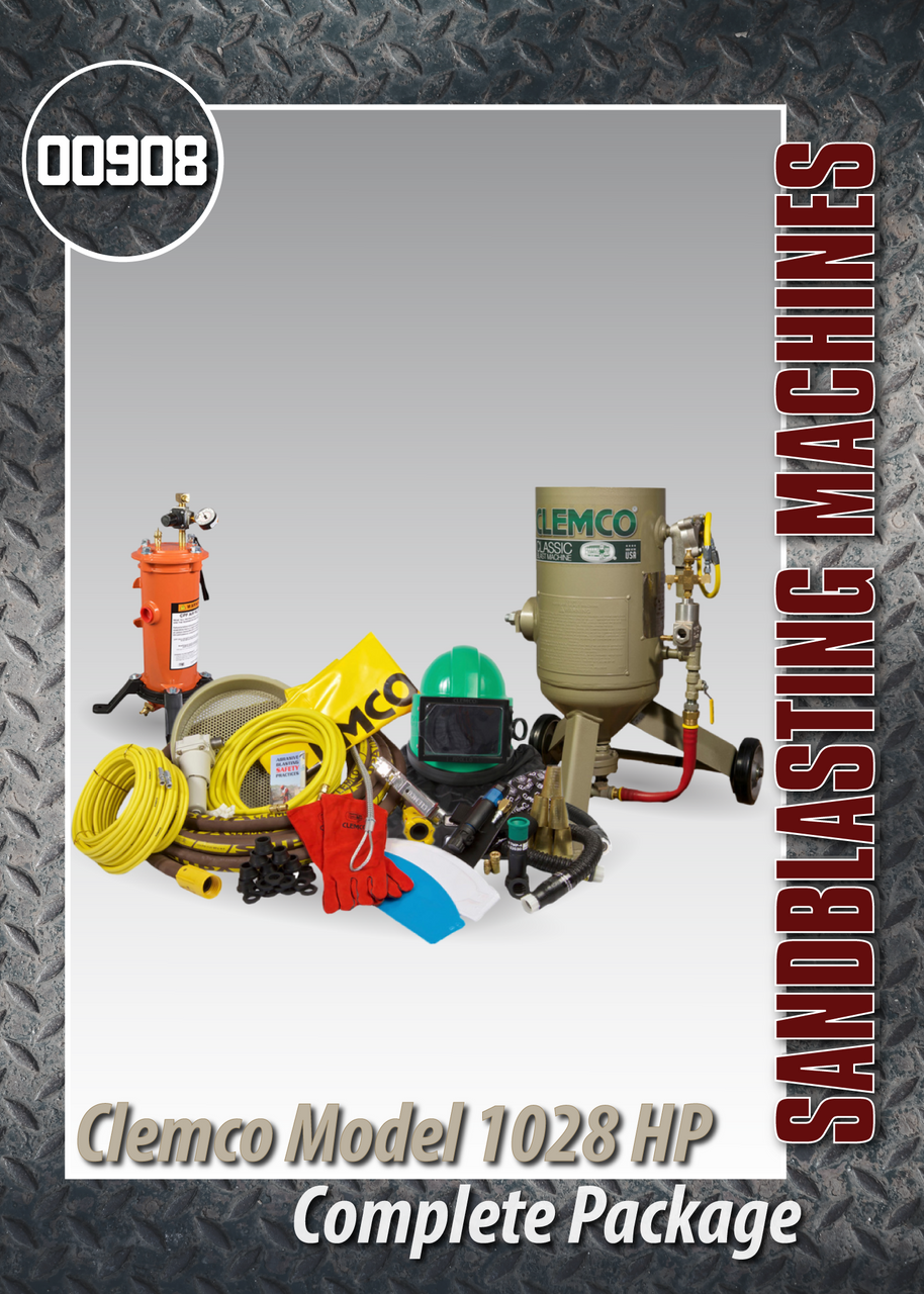 Assorted industrial equipment and hoses arranged on a white background, including red and black tools and a metal tank