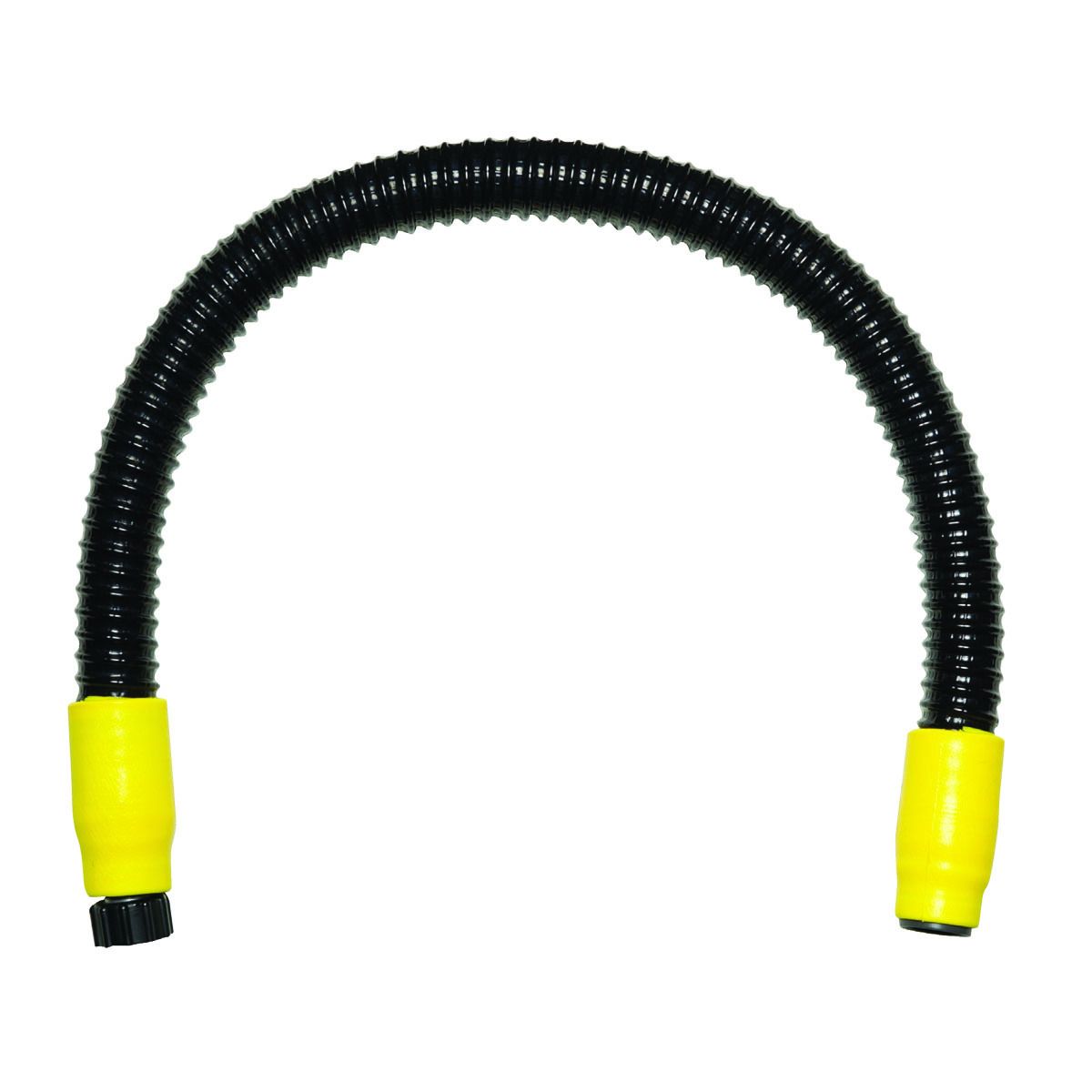 Black coiled hose with yellow ends, arched in a U shape on a white background