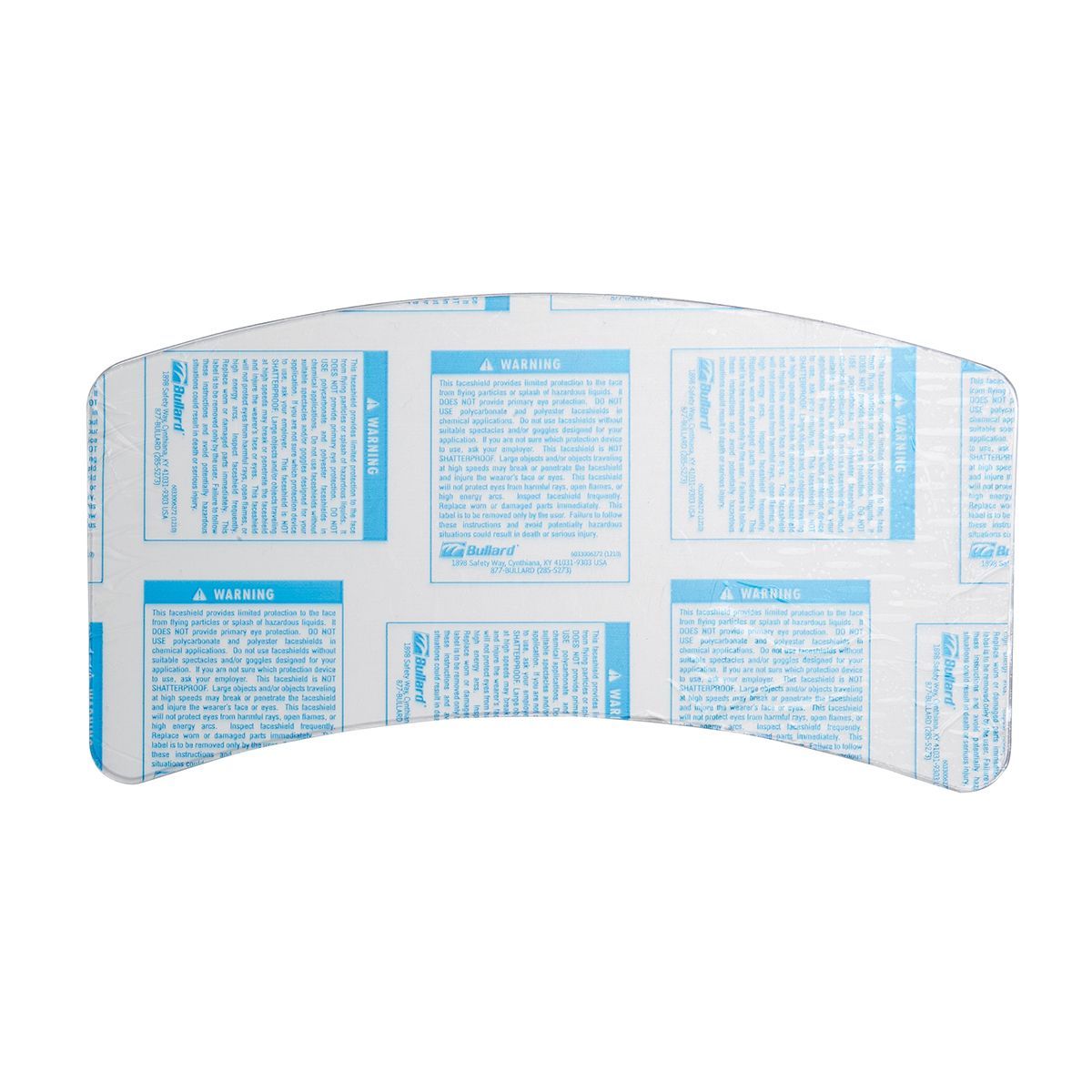 White curved product label with blue text panels and borders on a plain background