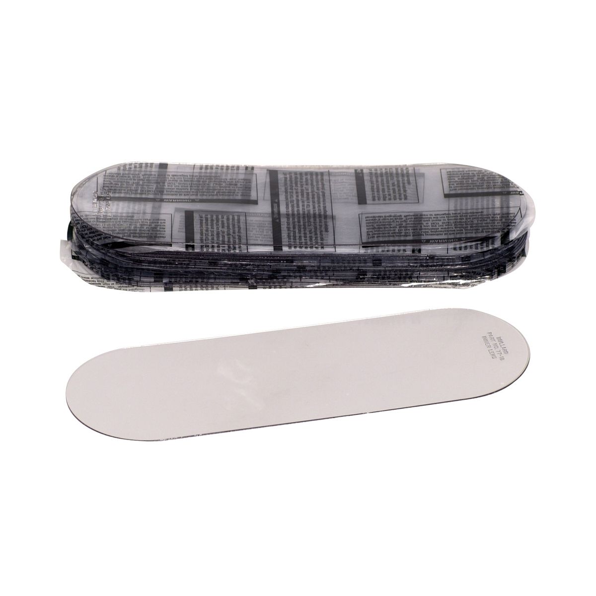 Black-and-clear rectangular case above a white oval device component on a white background