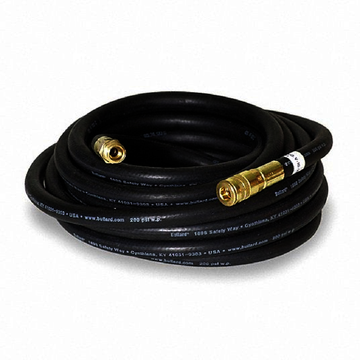 Coiled black hose with brass fittings on a white background