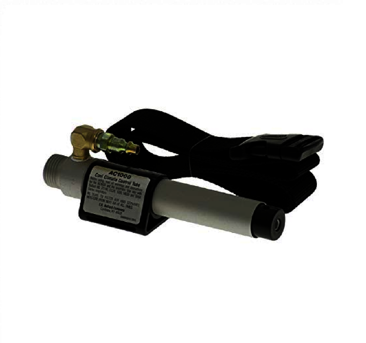Small gray cylindrical device with black strap and brass fitting on a white background