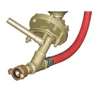 Fire hose nozzle assembly with red hose and brass fittings on a white background