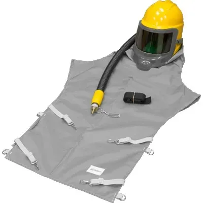 Gray firefighter rescue hood with yellow helmet, face shield, and breathing tube on a white background