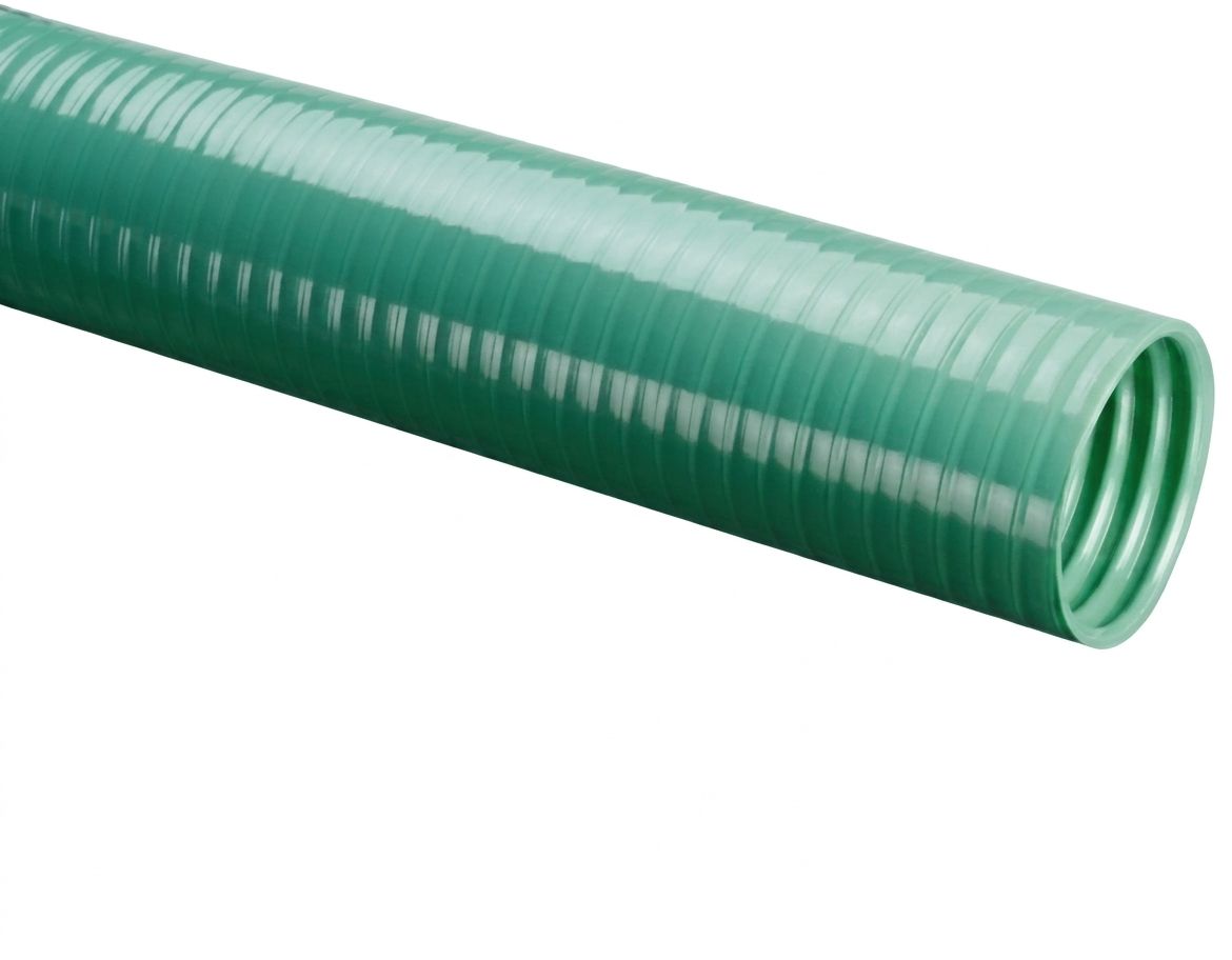 Green corrugated flexible plastic hose coil on a white background