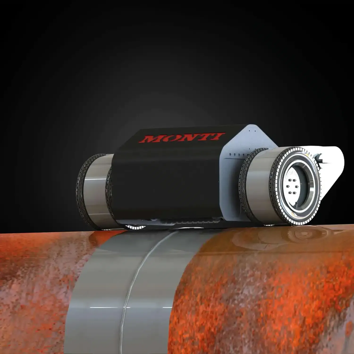 Industrial pipe clamp device with red lettering on a rusty orange pipeline, isolated on black background