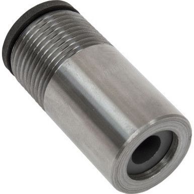 Metal threaded bolt or bushing with a hollow center, shown on a white background