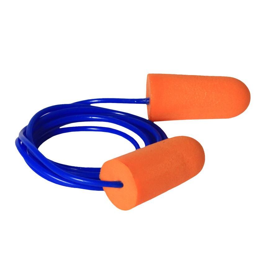 Blue cord earplugs with orange foam tips on a white background