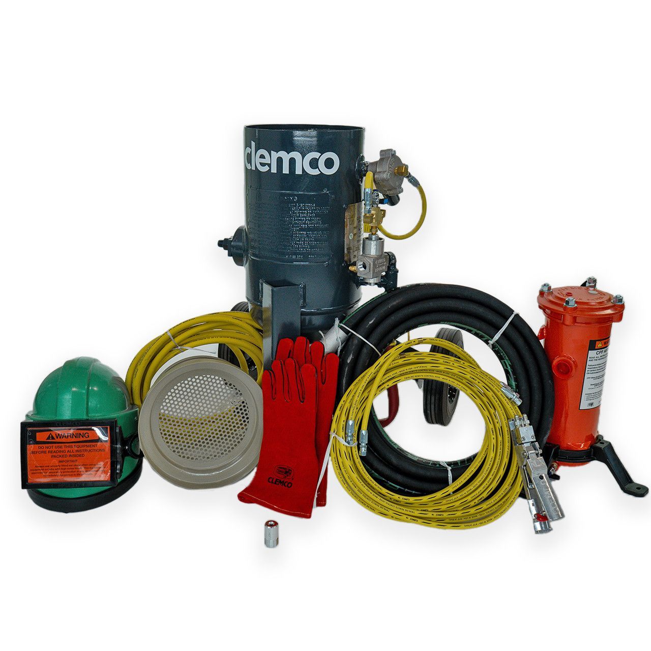 Assorted industrial equipment and hoses arranged on a white background, including red and black tools and a metal tank