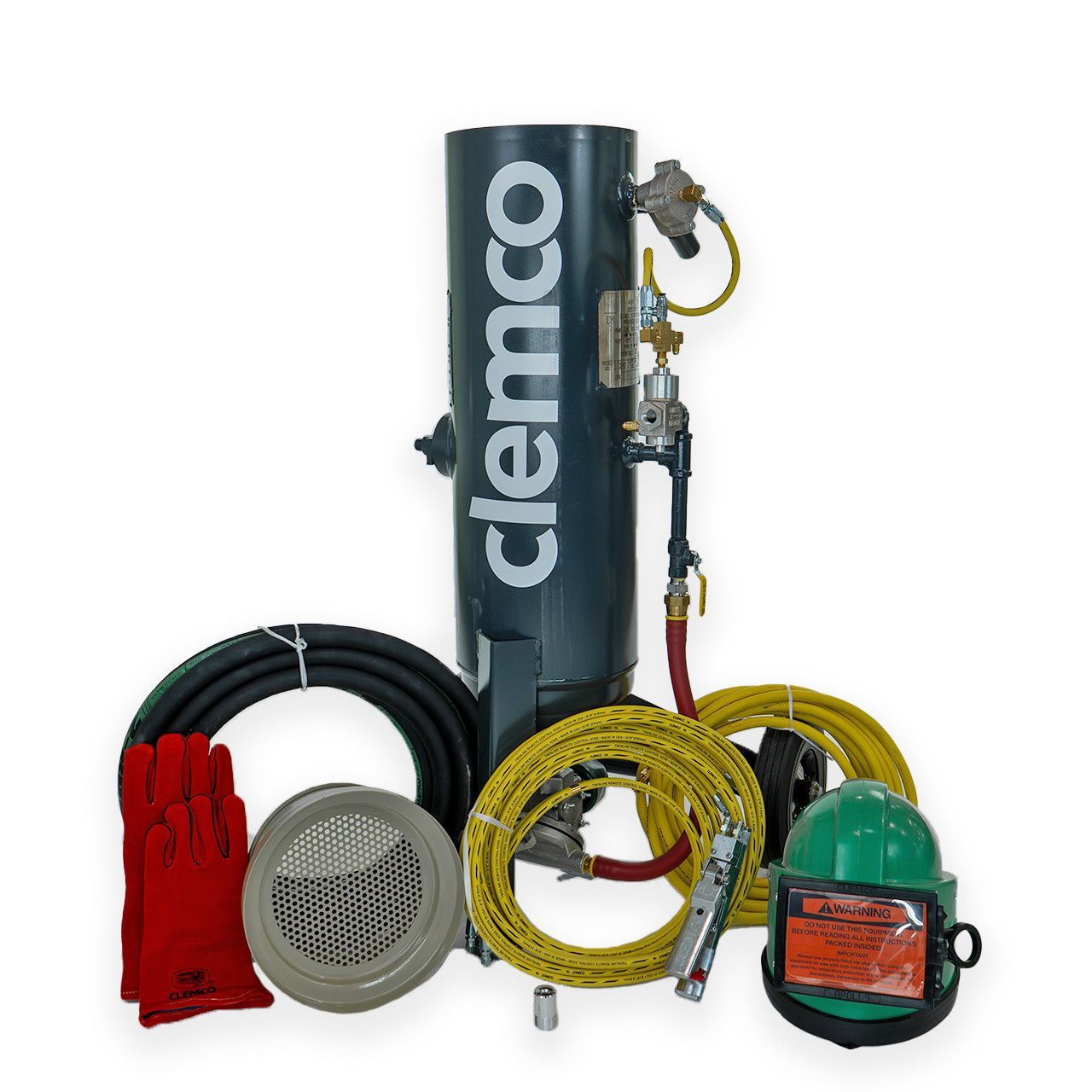 Compressed air hose kit with red gloves, coiled hoses, mask, and respirator beside a black Clemo tank
