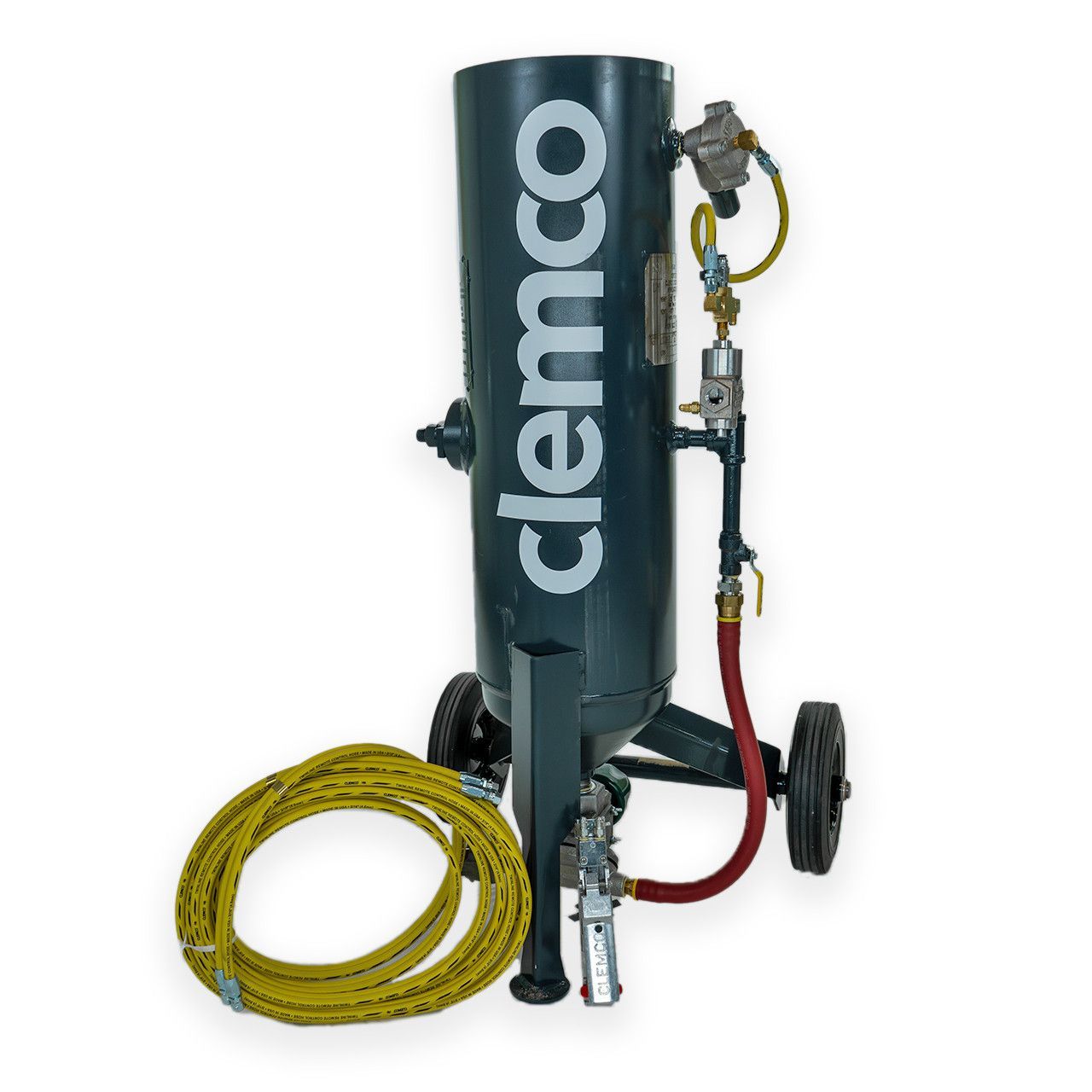Dlemco industrial sandblasting pot with hoses and wheels, black and yellow equipment on a white background