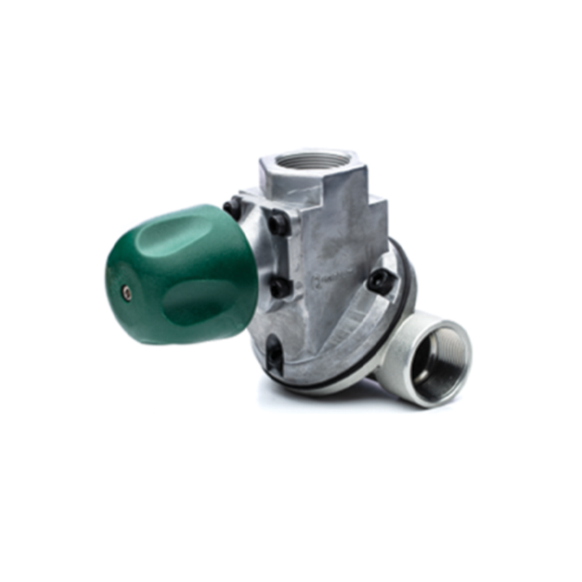 Clemco abrasive blasting pot with hoses, wheels, and attached valves on a white background