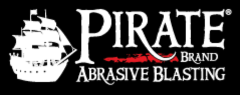 Pirate Brand Abrasive Blasting logo with white ship silhouette and black-and-red text on black background