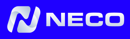 NECO logo in white on a bright blue background