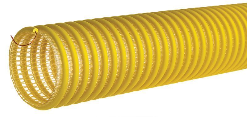 Yellow corrugated flexible hose coiled into a spiral on a white background