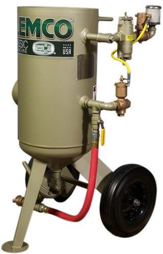 EMCO industrial sandblaster tank on wheels with hoses and valves