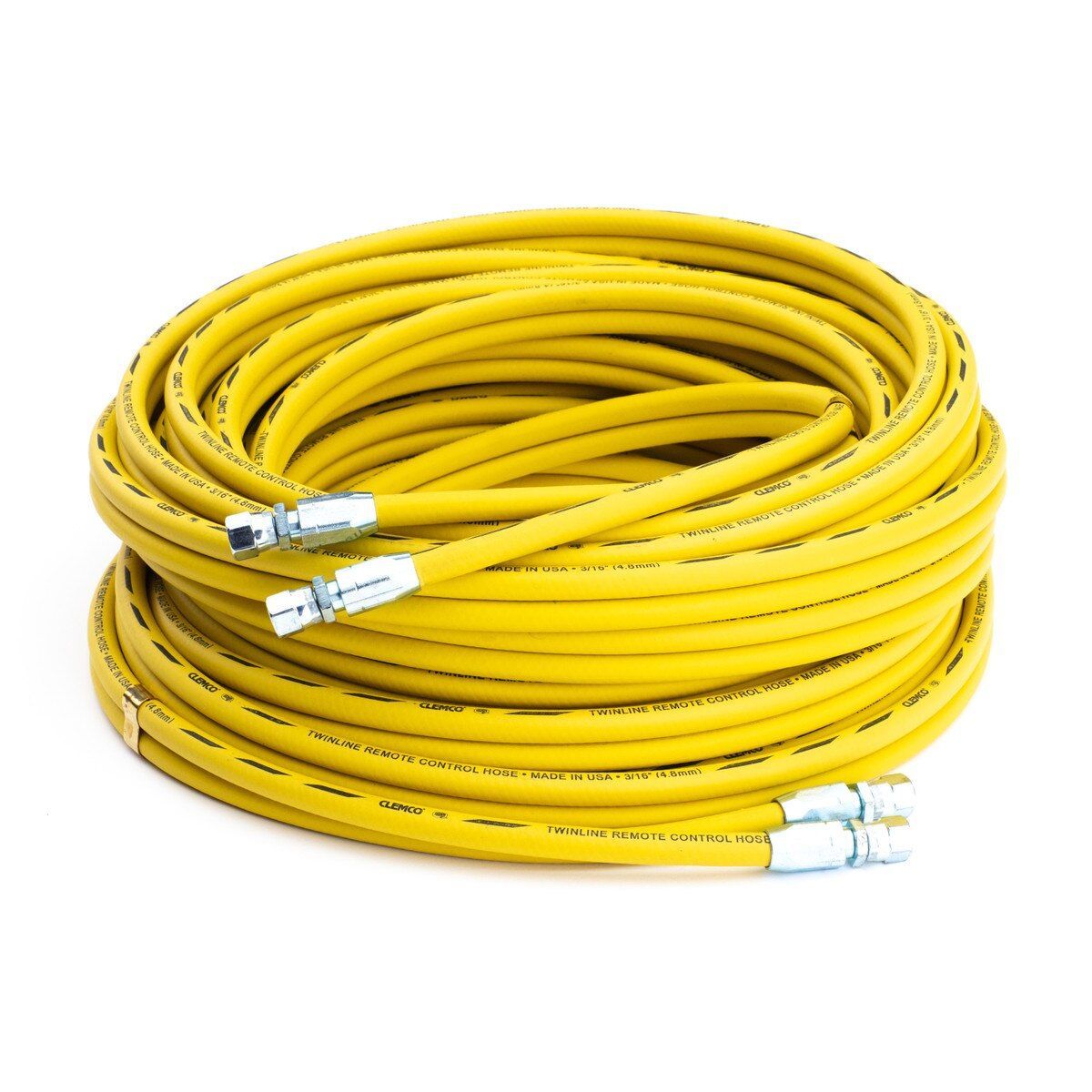Coiled yellow hose with silver connectors on a white background