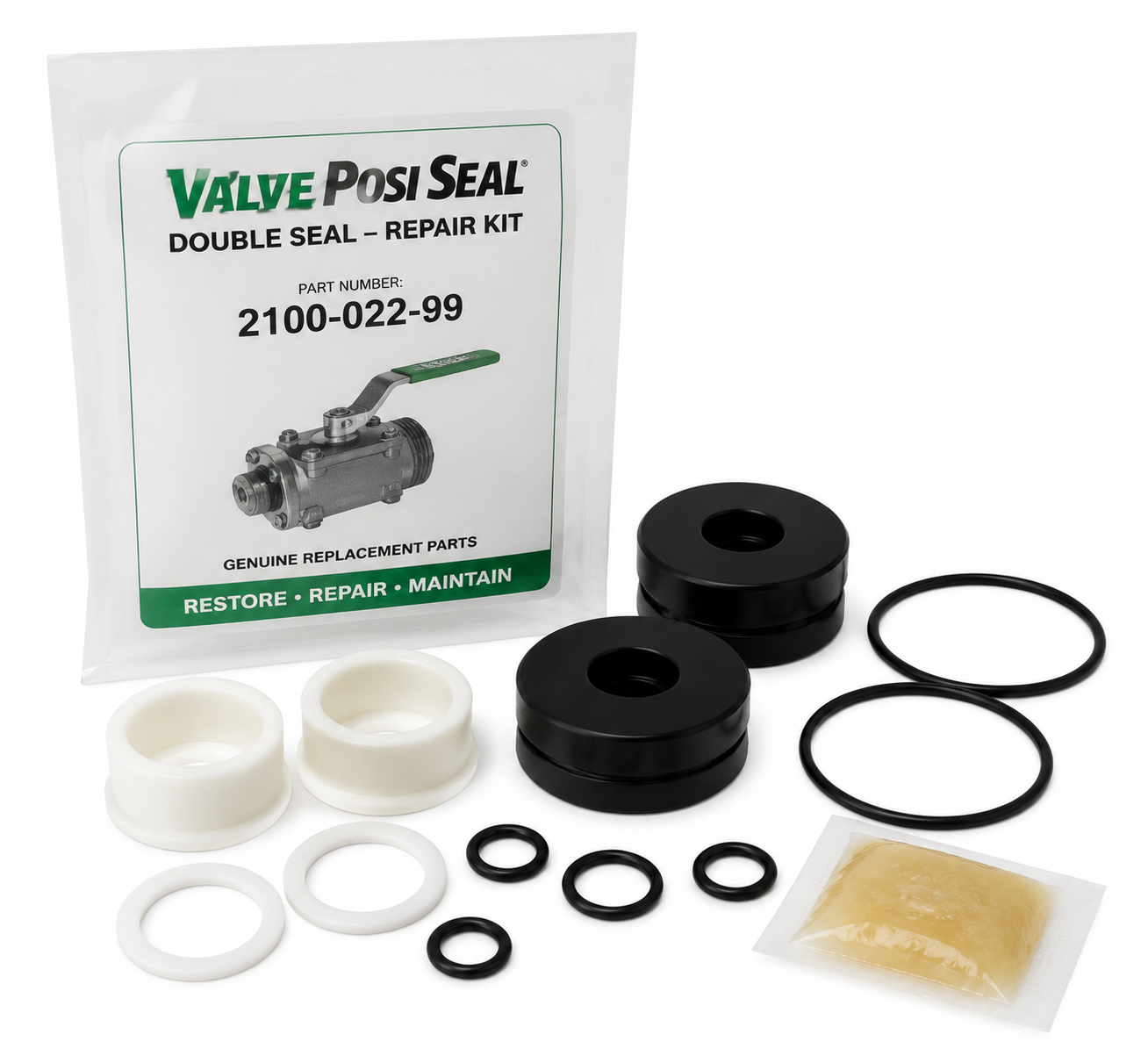Valve Posi Seal repair kit with assorted black and white seals, rings, and parts in packaging
