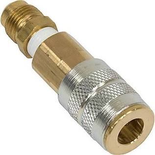 Brass and silver coaxial cable adapter with threaded and knurled ends on white background