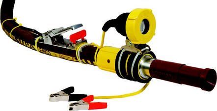 Yellow and black electronic device with a red tip and attached clips on a white background