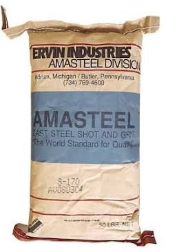 Bag of AMASTEEL cast steel shot and grit from Ervin Industries, beige packaging with red and black text
