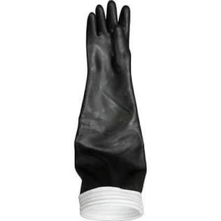 Black rubber cleaning glove with white cuff on a plain background
