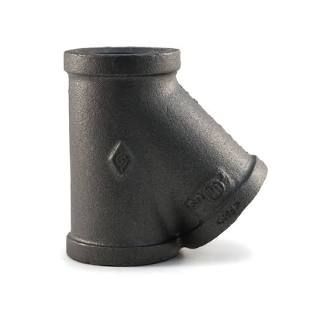 Black cast-iron pipe tee fitting with angled side branch on white background