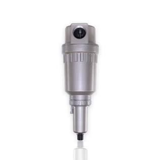 Metallic gray robotic gripper tool with a cylindrical body and narrow end effector on a white background