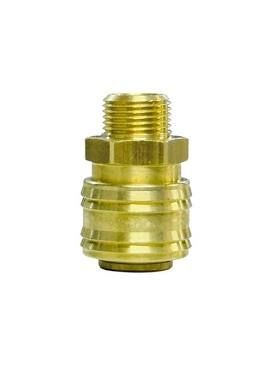 Brass threaded male adapter fitting with hex nut and cylindrical base on white background