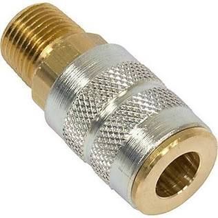 Metal air hose quick-connect adapter with brass and silver knurled body on white background
