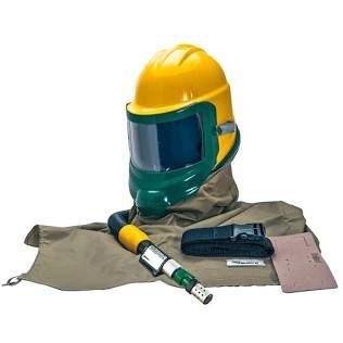 Yellow hard hat with face shield and protective workwear laid out on a white background.