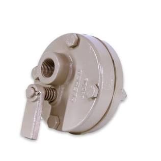 Round beige metal valve with threaded opening and lever on a white background
